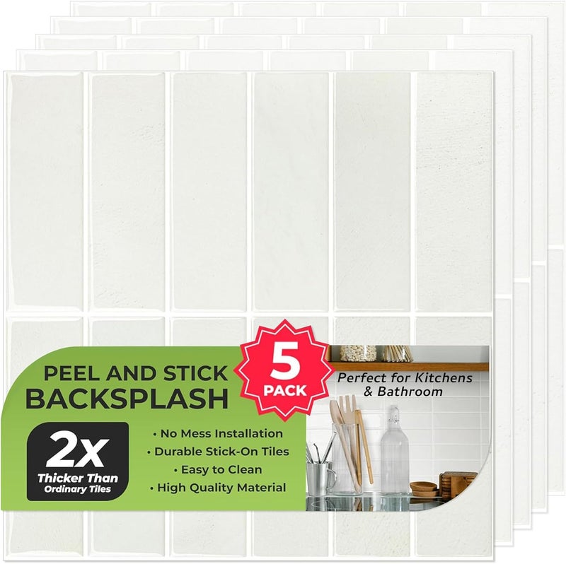 SELECT LIGHTING 5 Pack Peel and Stick Backsplash Subway Tiles, Extra Thick 3D Wall Panels, Heat & Water Resistant, Easy DIY Kitchen, Bathroom, Laundry, Fireplace & Rental Home Wall Décor (12 x 12 in), Stone White - Image 1